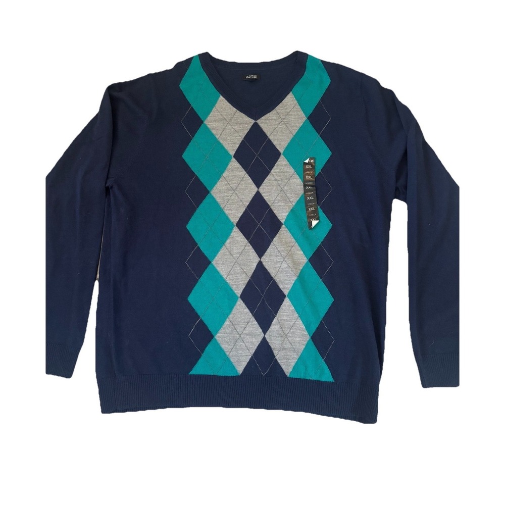 Apt 9 Sweater Pullover Mens 2XL Argyle Blue‎ Green Knit Wool Blend Dad NEW